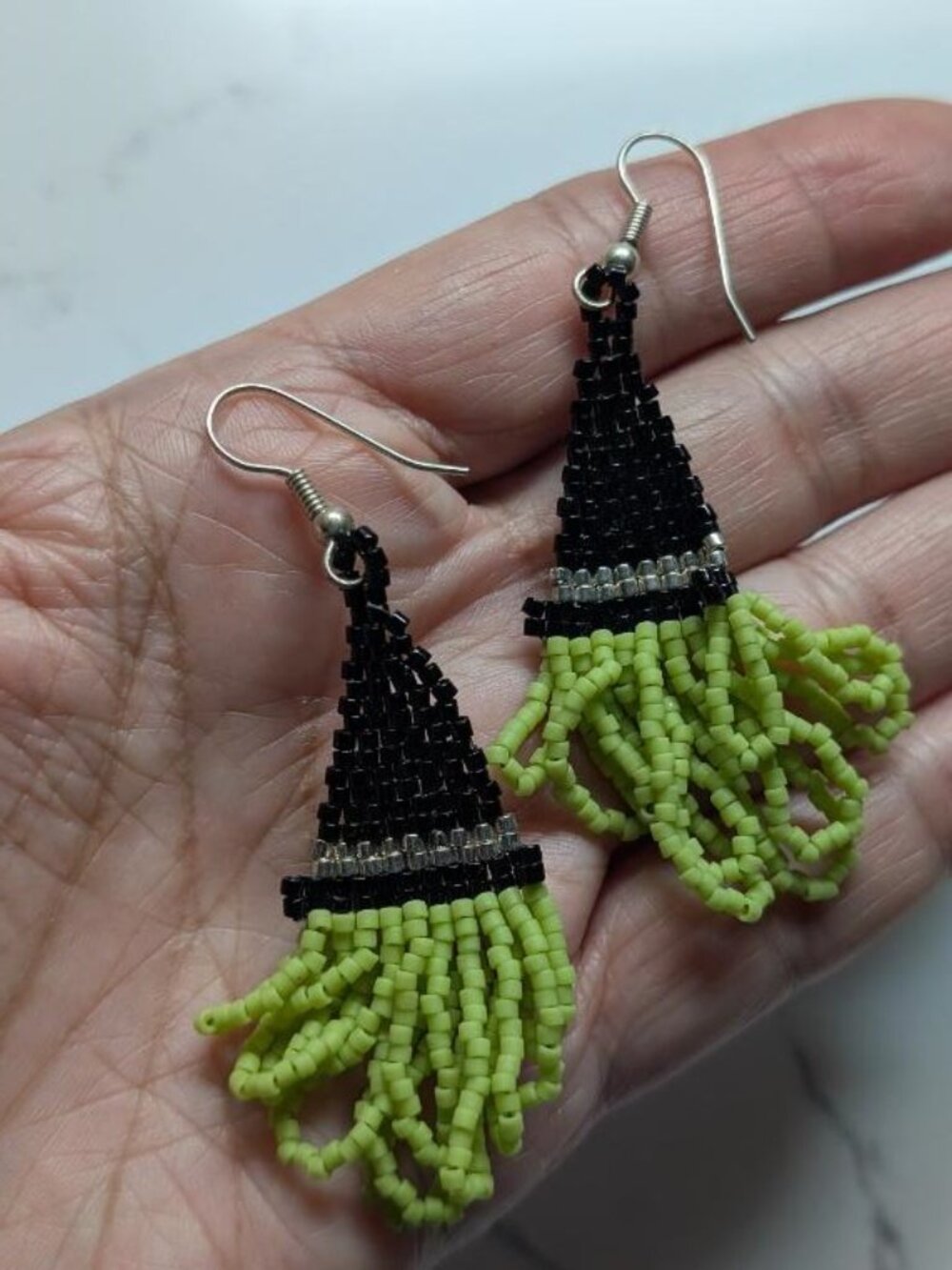 Large Vintage Halloween Beaded Black Witch Hat & Green Hair Earrings.